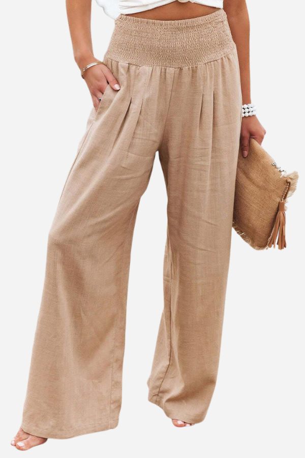 Pam High-Waisted Smocked Waist Trousers - Khaki