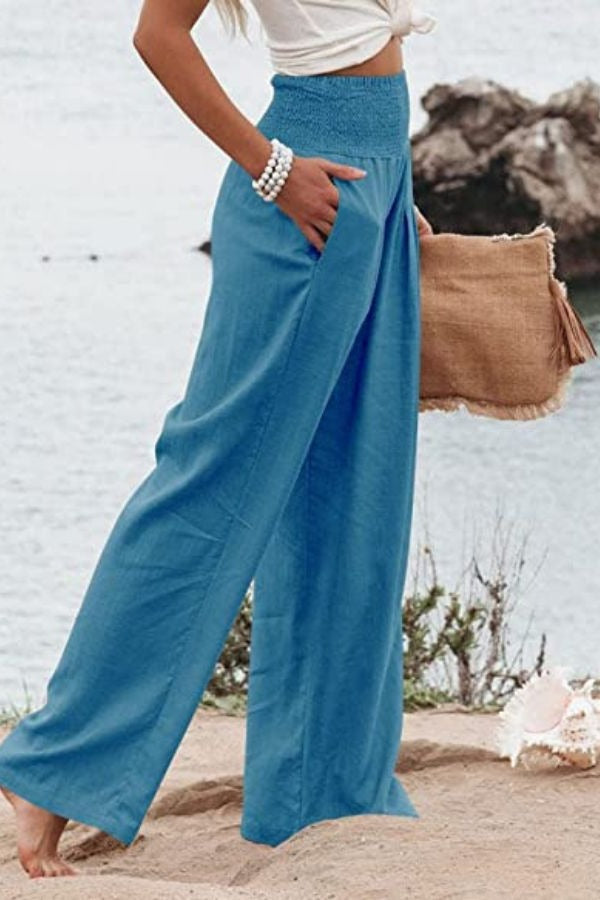 Pam High-Waisted Smocked Waist Trousers - Peacock Blue