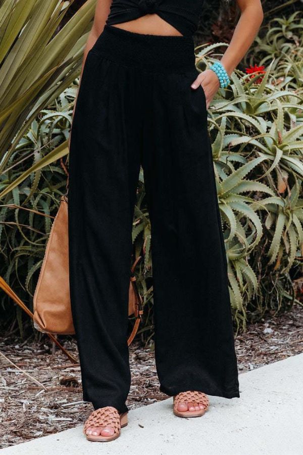 Pam High-Waisted Smocked Waist Trousers - Black