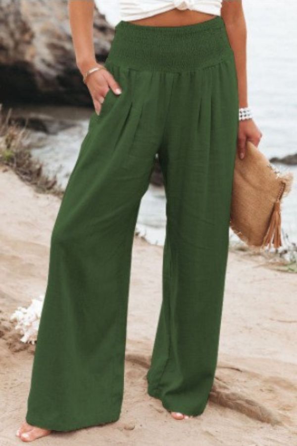 Pam High-Waisted Smocked Waist Trousers - Army Green